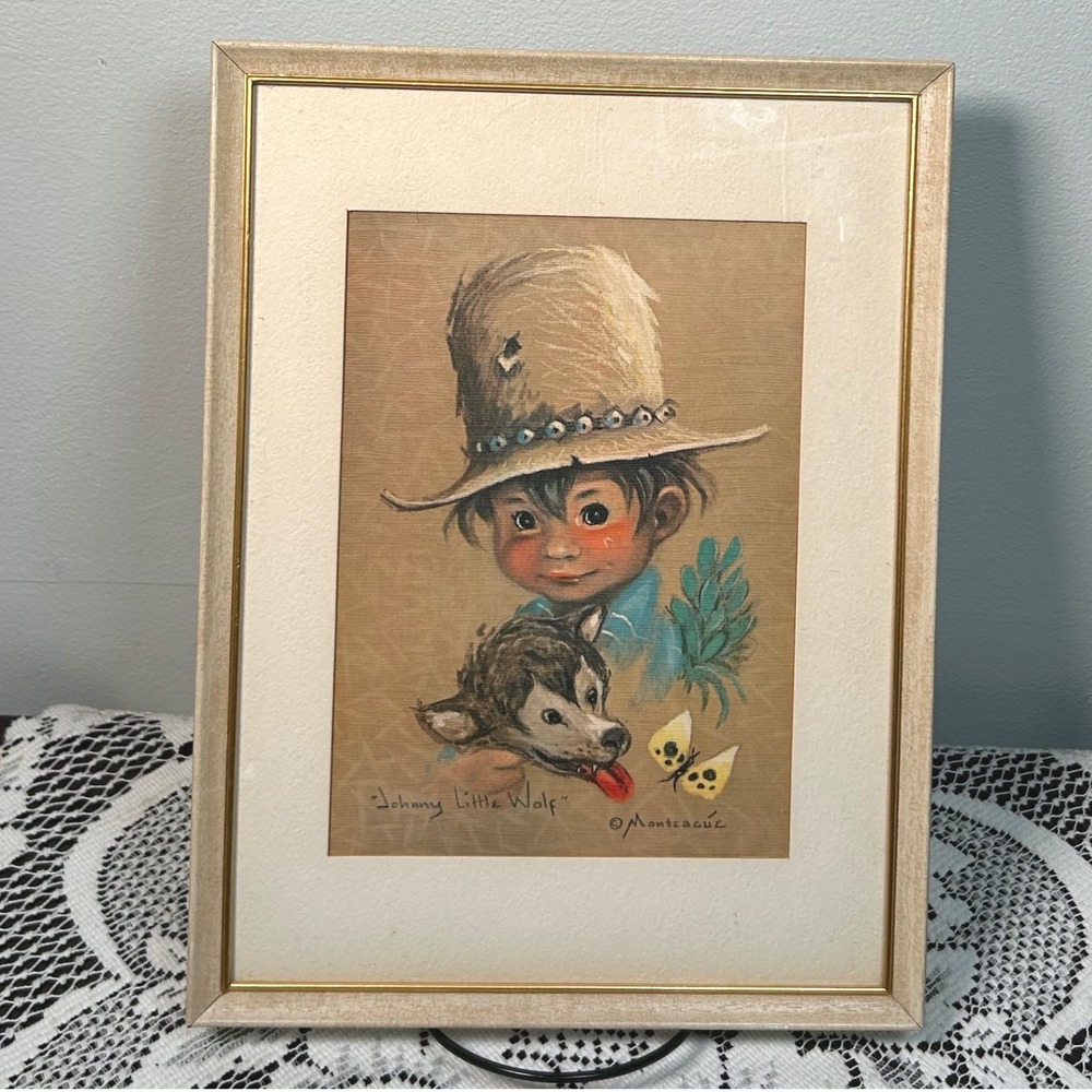 Vintage Johnny Little Wolf Montsaque Framed Print Boy Wolf Butterfly 1960s MCM